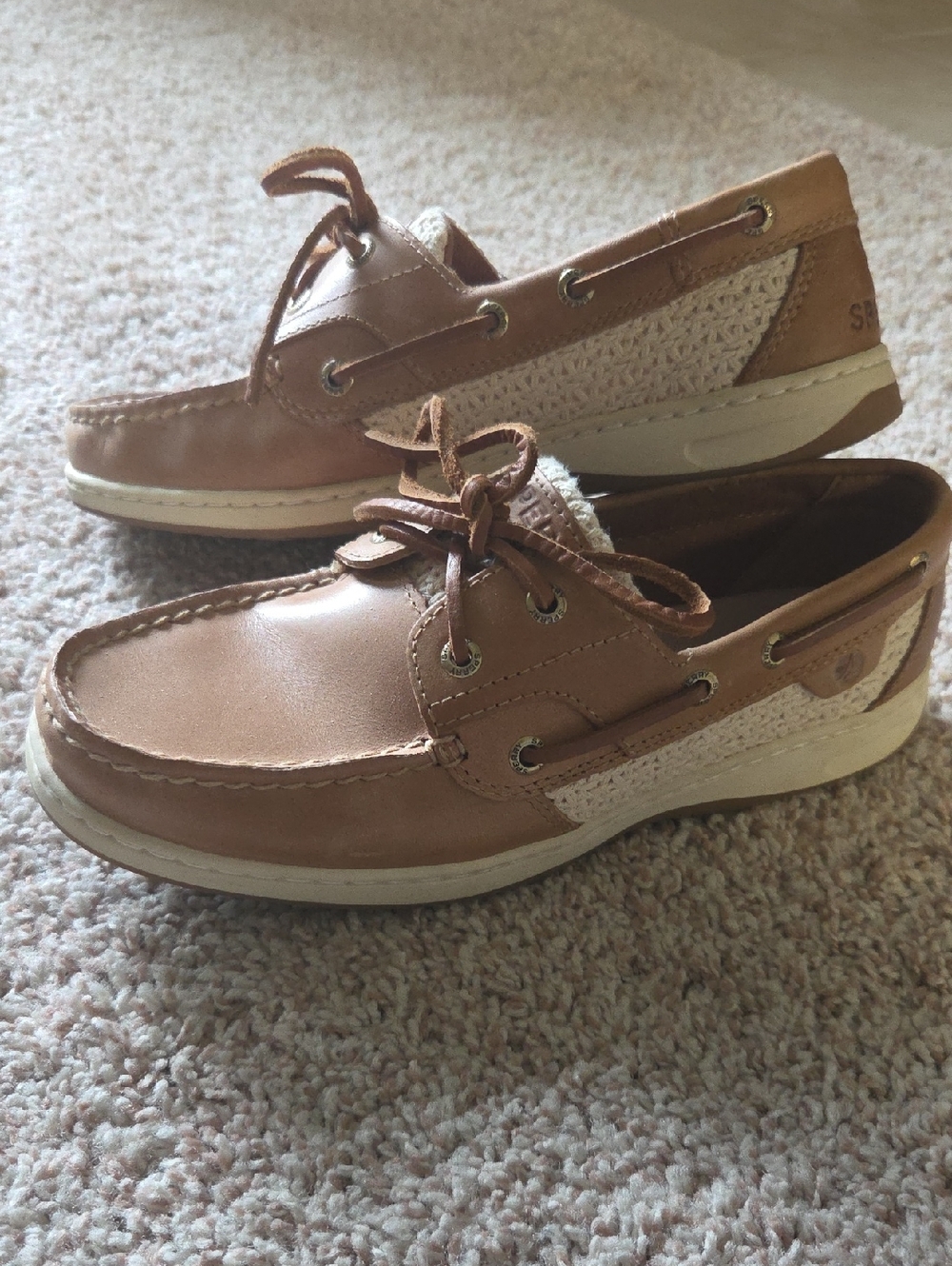 Sperry Women's Tan Leather and Cream Woven Boat Shoes